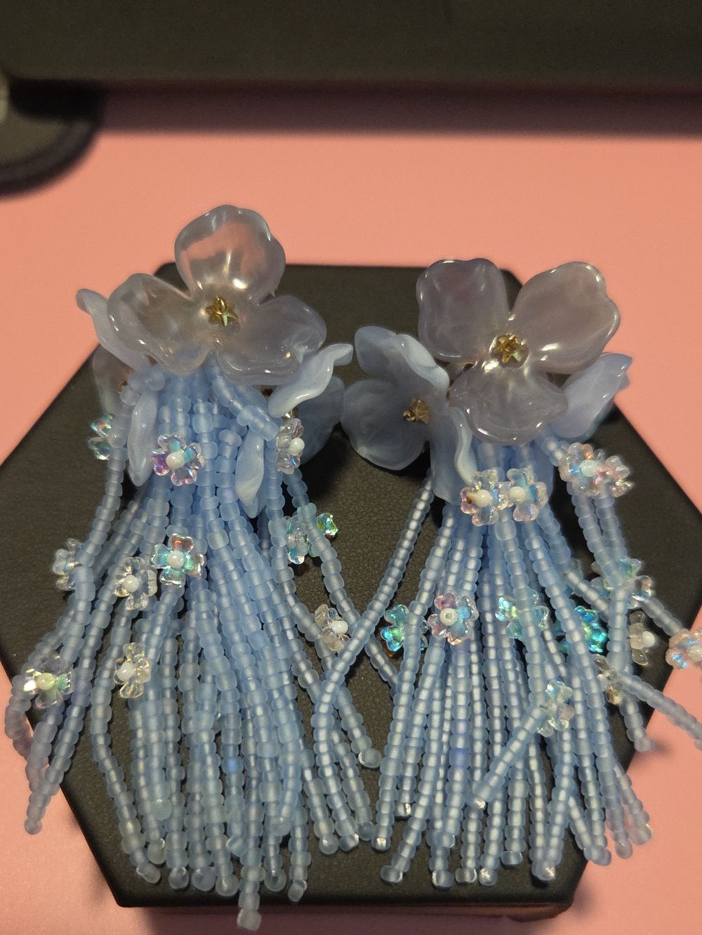Sky Blue Floral Beaded Tassel Earrings